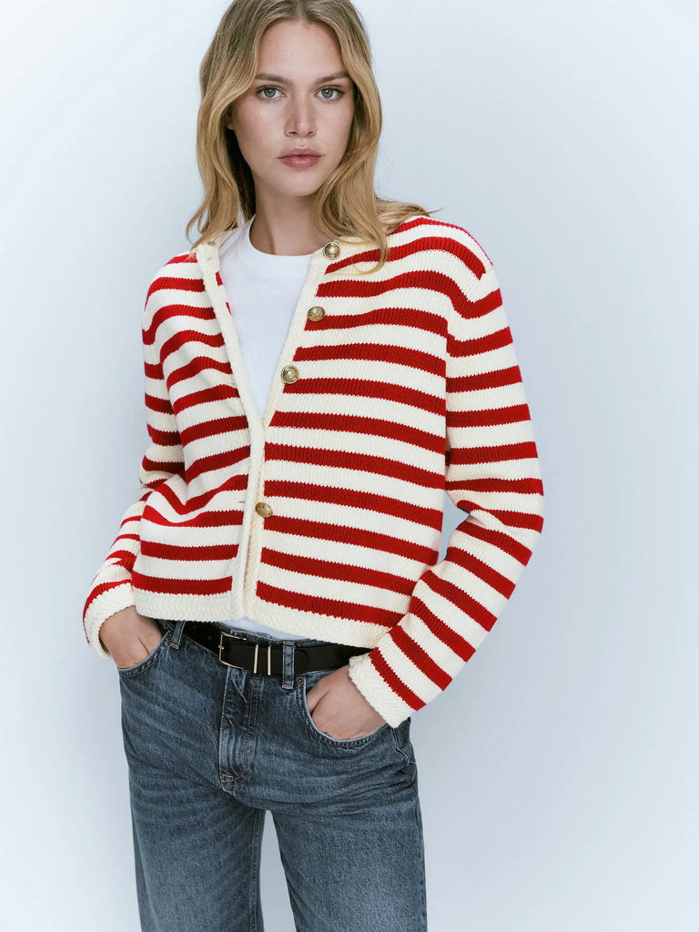 Ethereal MD 2024 women's spring new style of Slim-fit commuter buckle classic striped cardigan for women