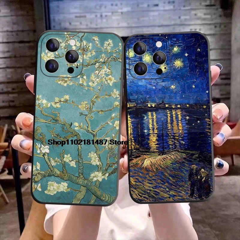 Art Van Gogh Starry Sunflower Phone Cover For iPhone 11 12 13 14 15 16 Pro Max X XR XS Max 15 16 Plus Black Soft Silicone Case