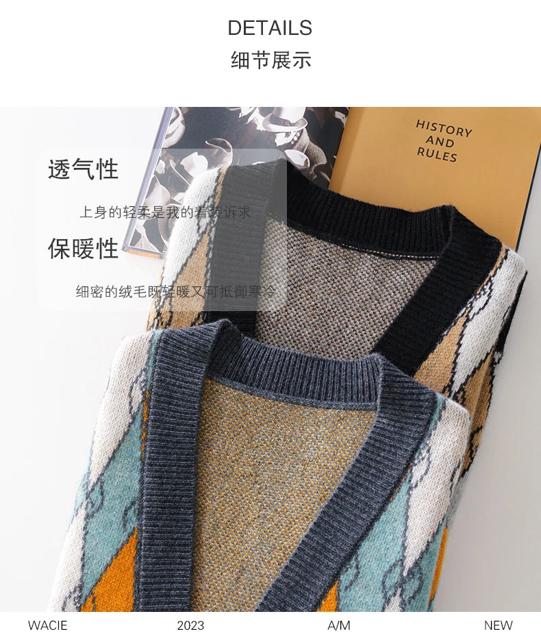 New 100% Wool Knitted Cardigan In Autumn And Winter Men's V-Neck Color Matching Diamond Plaid Sweater Casual Cashmere Coat