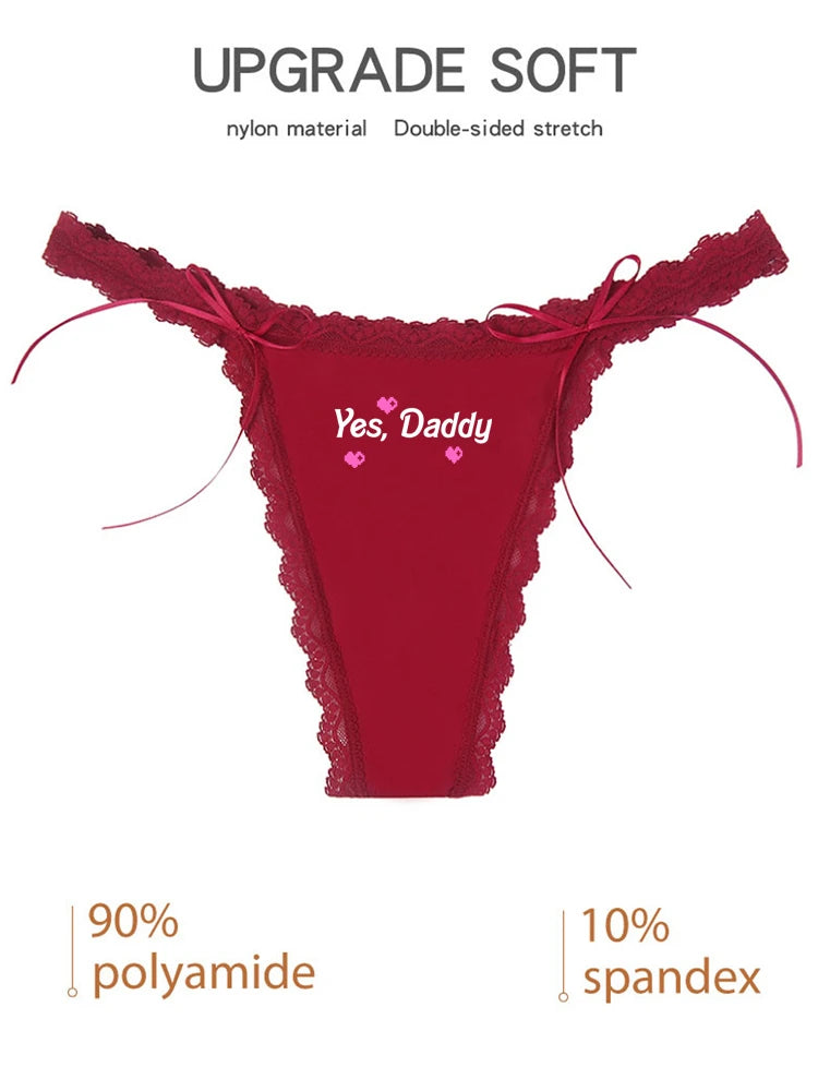 Yes Daddy Letters Print Underwear Cute Heart Women's Sexy Lace Thong Thin Strap Underwear Ripple Edge Wine Red Traceless GString