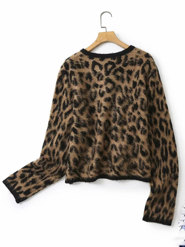 Korean Retro Women Loose Casual Leopard Print Knitted Sweater Fashion Round Neck Long Sleeved Cardigan Women's Short Jacket