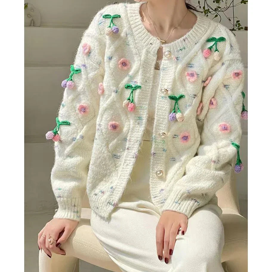 Chic Flower Embroidery Round Neck Cardigan 2024 Women Sweater Knitwear