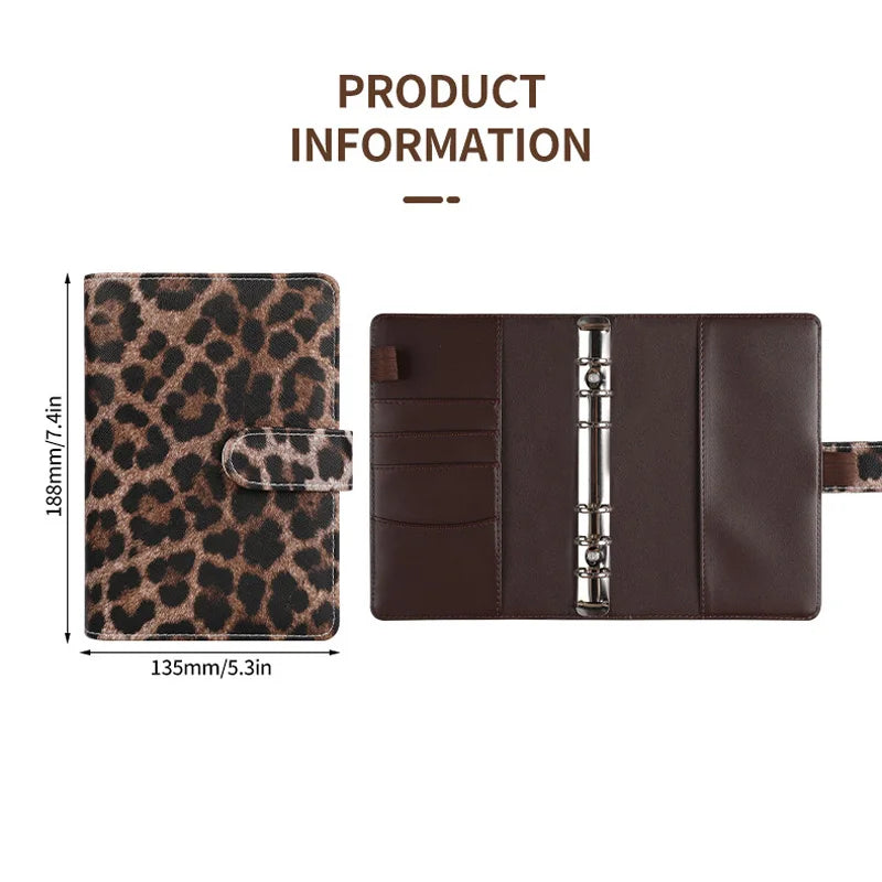 A6 Loose-Leaf Budget Leopard Print Notebook Book Leather PU Notebook book Binder Manual Book With Zip Bag Set Office Stationery