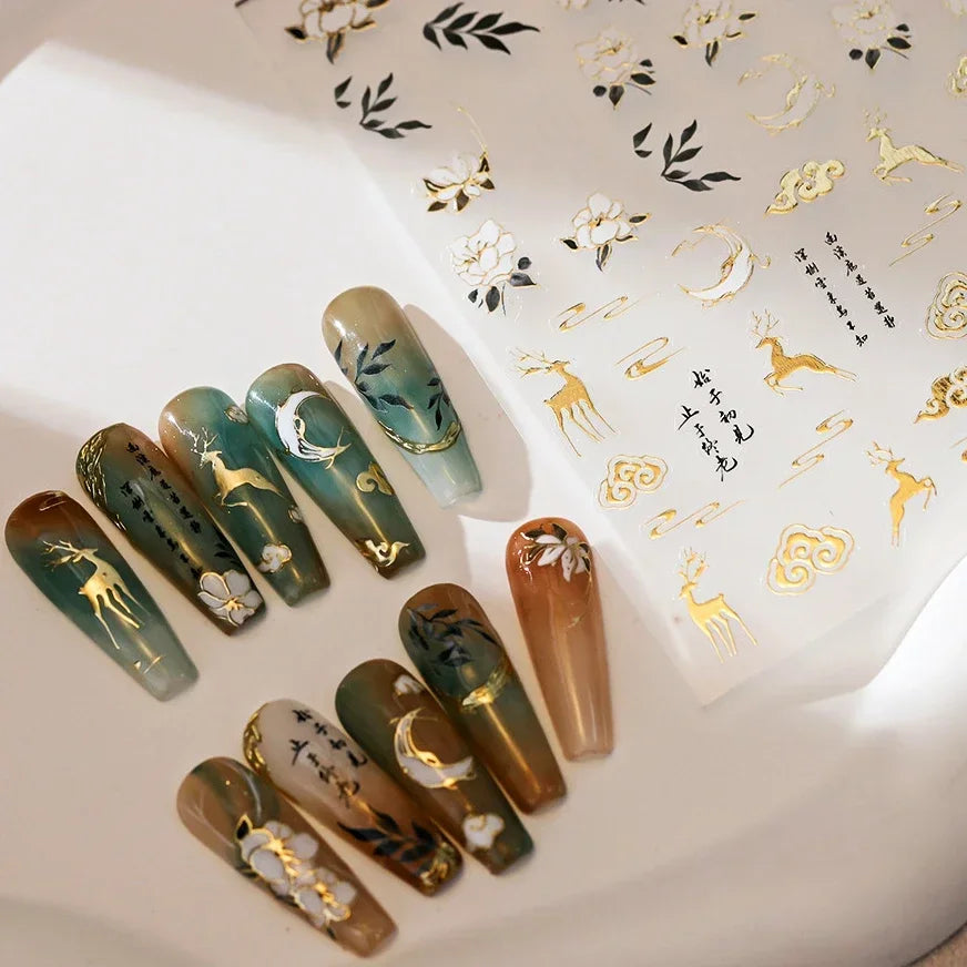 Chinese Style Gold Stamped God Deer Moon Auspicious Clouds Crane Lotus Flower 3D Self-adhesive Nail Art Stickers Manicure Decals