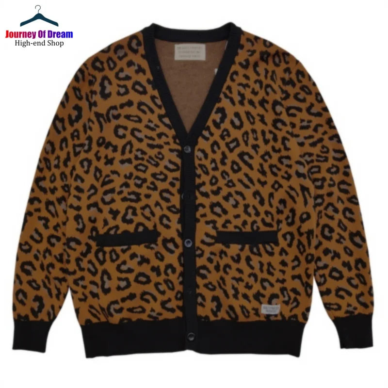 Trend High Street Leopard Print Cotton V-Neck Knit Cardigan Men's Women's Best Quality Casual Sweater