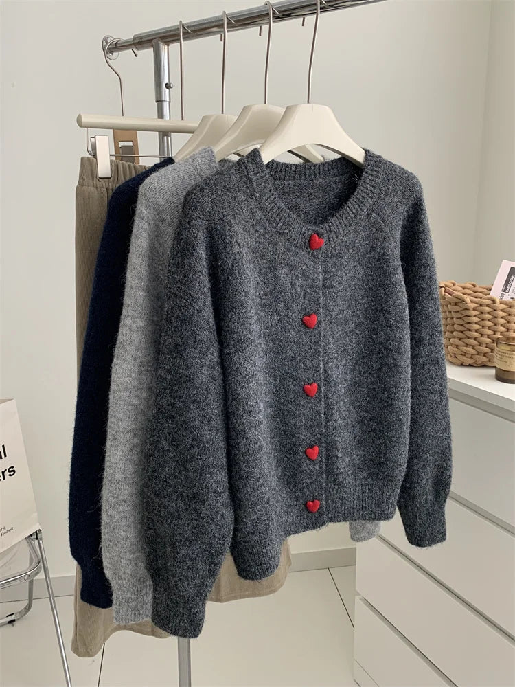 Deep Grey Wool Knitted Cardigan For Women In Autumn Winter, Soft And Sticky, Warm, Love Buckle Shoulder Sleeves