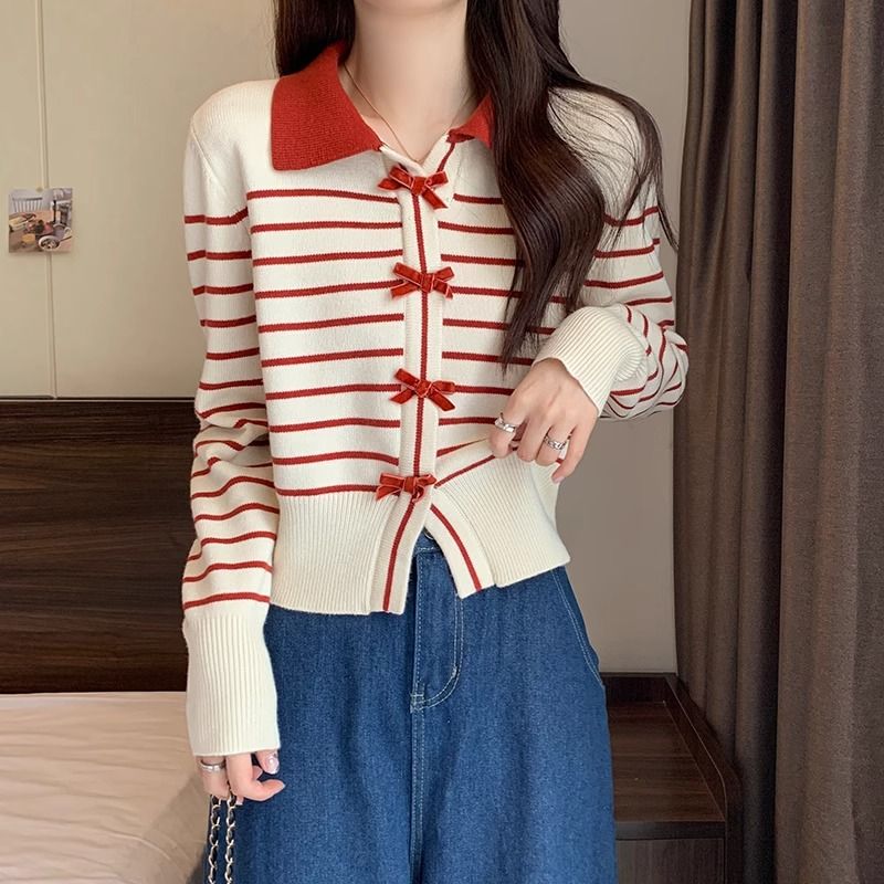 Sweet Cardigan Women Striped Bow Turn-down Collar Knitting Sweater Autumn Preppy Style Fashion Design Girls Outwear Casual Tops