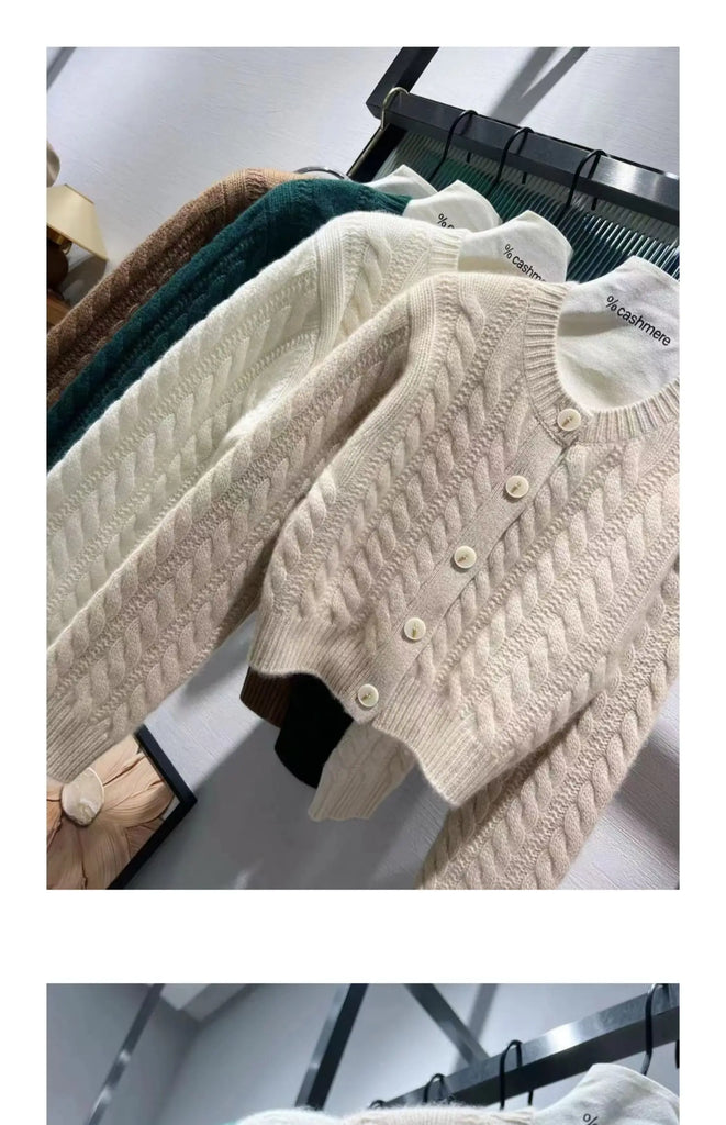 Women's Pure Cashmere Wool Sweater Round Neck Twists Short Cardigan Autumn Winter Casual Knit Top Female Thickened Warm Jacket