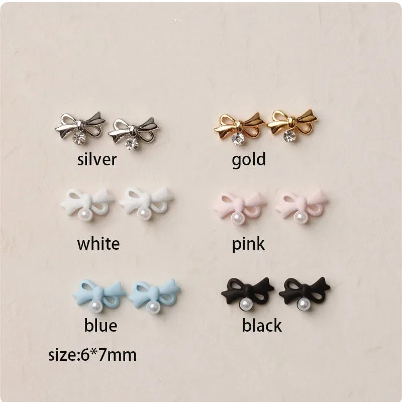 10Pcs Ribbon Bow Pearl Nail Art Charms 3D Alloy Bowknot Nail Art Rhinestones Decorations DIY Manicure Parts Accessories Kawaii