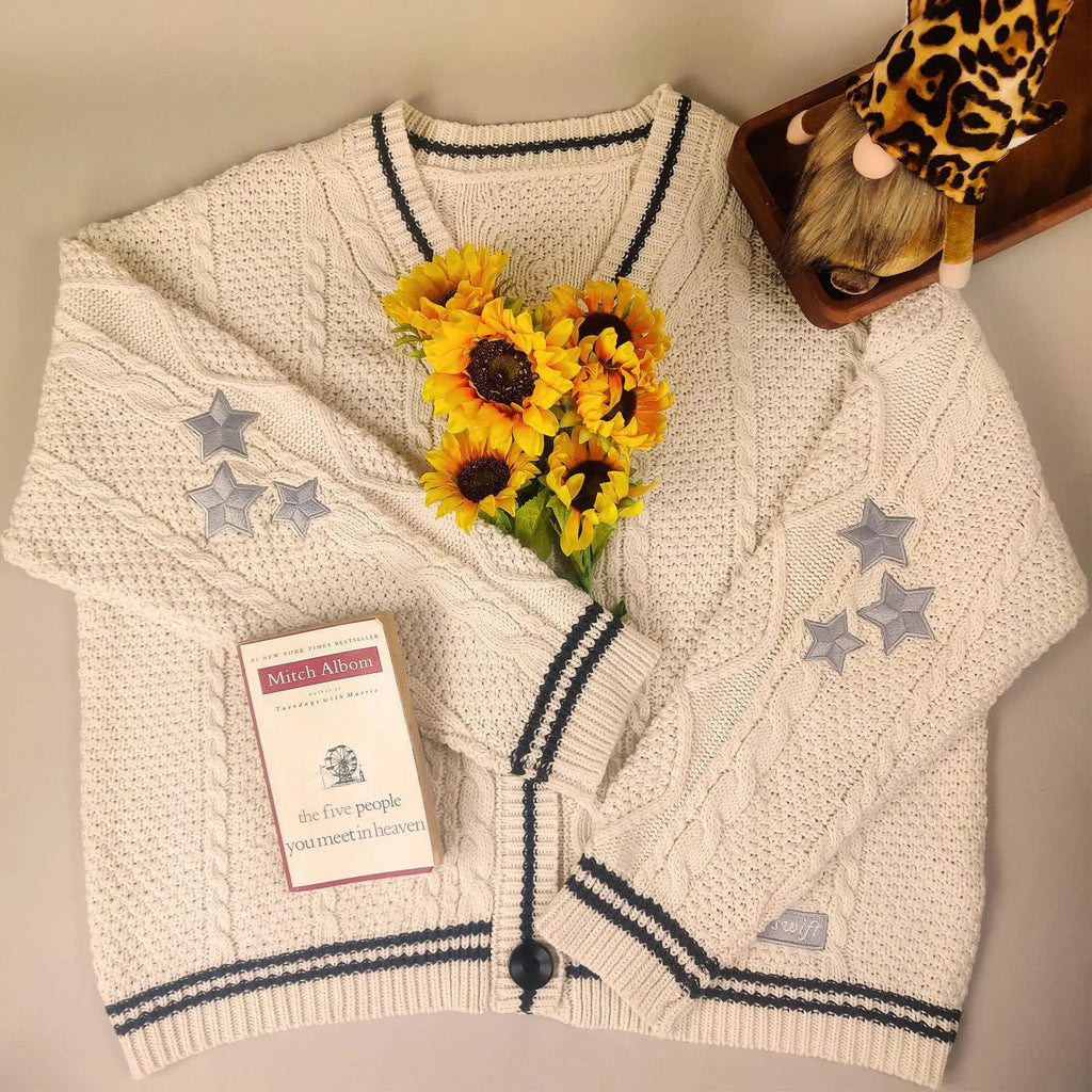Deeptown Vintage Beige Swift Knit Cardigan Women Y2K College Oversize Star Embroidery Sweater Folklore Knitted Jumper Korean