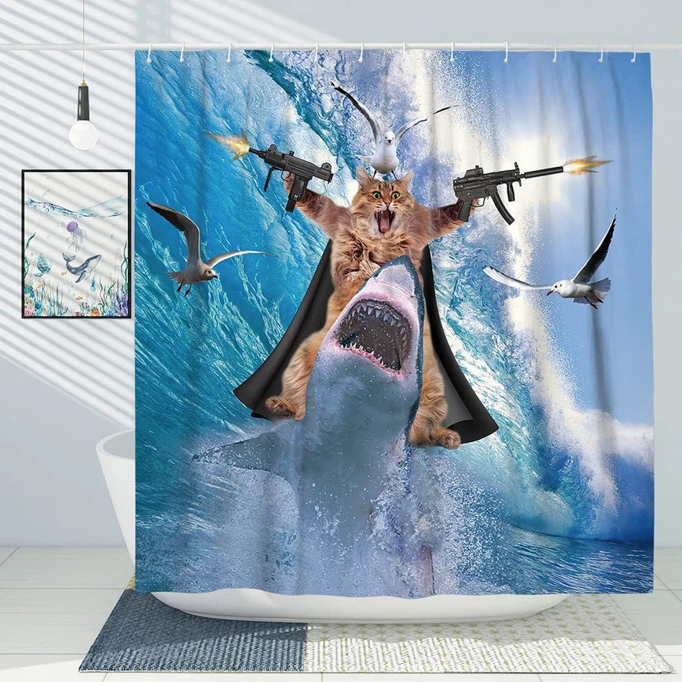 Funny Shower Curtain Brave Cat Holding Trident Arrow Riding Shark in Ocean Wave Whale Cat Shower Curtain Set Bathroom Decor Set