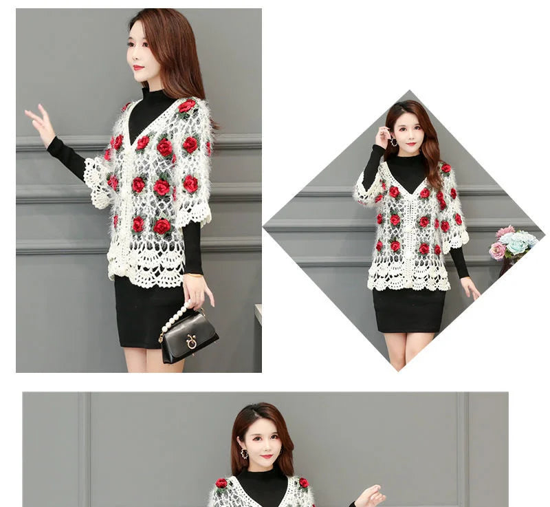 Three-Dimensional Flower Openwork Crocheted Sweater Cardigan Women's Spring And Autumn New Heavy Industry Joker Sweater 3XL Coat