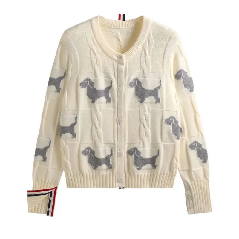 Women's New Dog Print Knitted Cardigan Oversized Loose Long-sleeved Crew Neck Knitted Jacket Simple Commuter Sweater