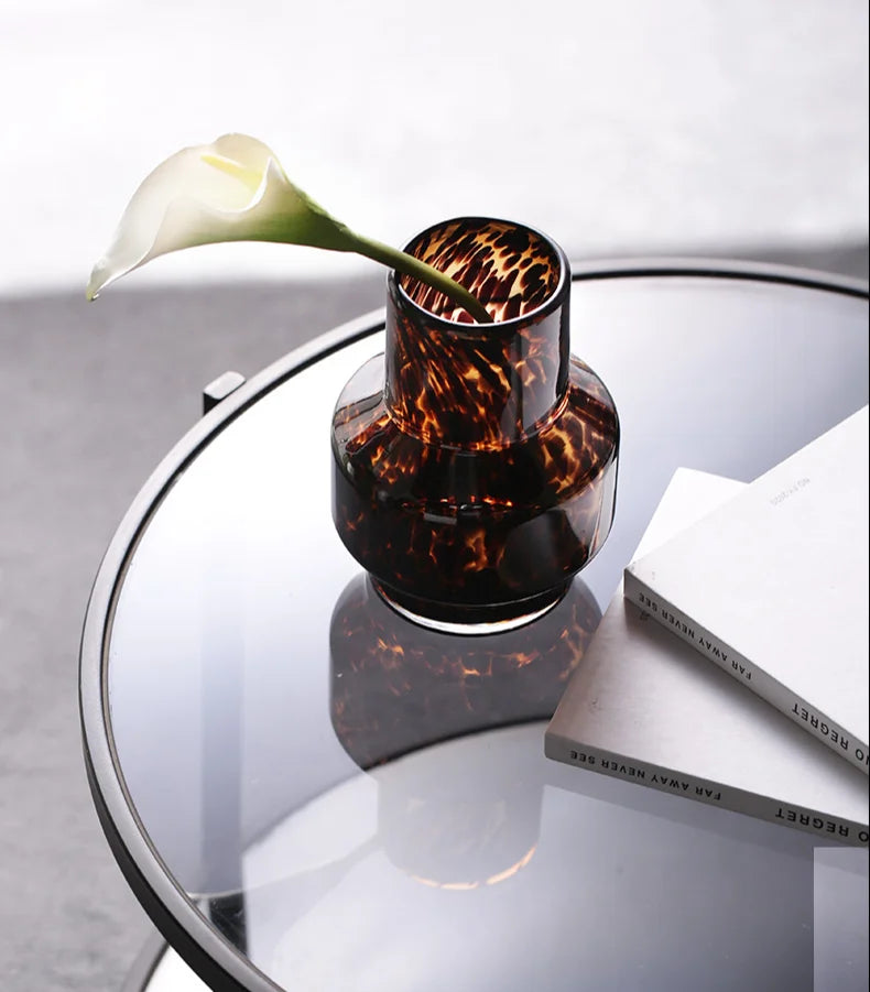 1PCS glass amber leopard print hydroponic vase creative retro apartment desktop decoration ornament living room decoration