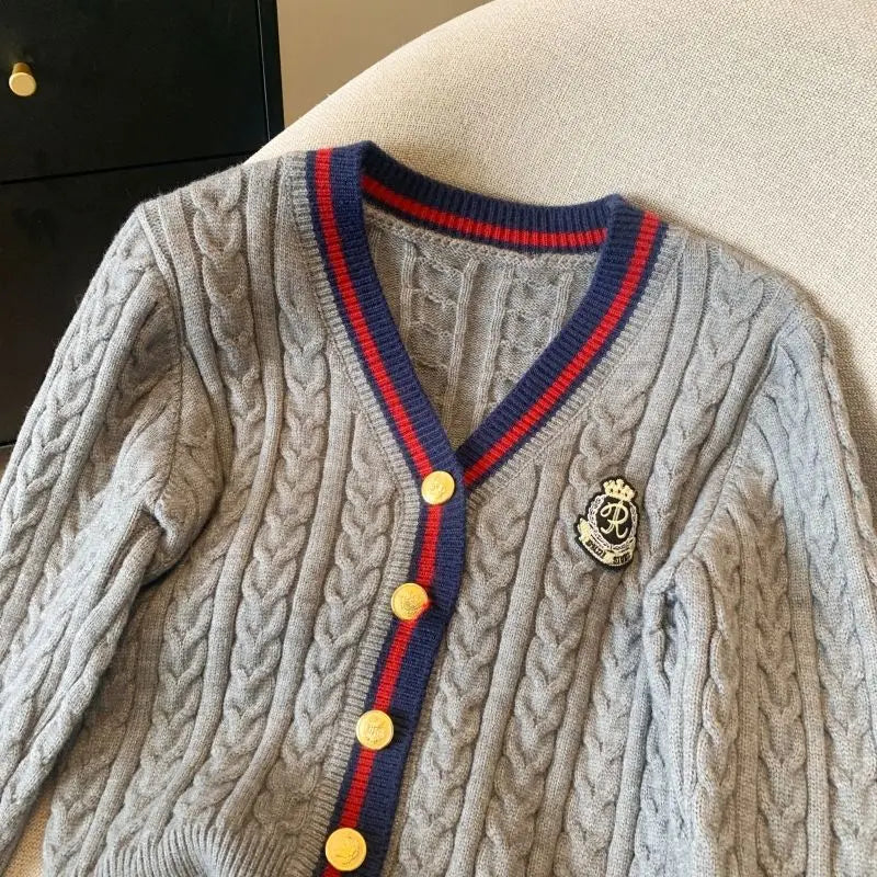 2024 Autumn Winter Preppy Style V-Neck Knitting Long Sleeve Cardigan Women Casual Appliques Single Breasted Female Loose Sweater