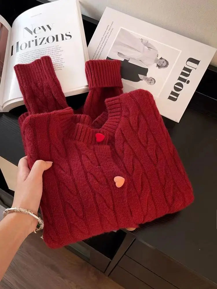 New Korean Style Western-style Sweet Color Love Button Versatile Soft Waxy Knitting Cardigan Fashion Fried Dough Twists Sweater