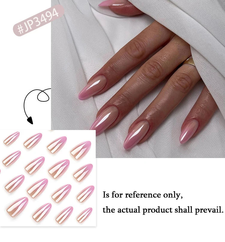 Pink Gradient Pearlescent Nail Art Fashion Glossy Almond False Nails Detachable Finished Fake Nails Press on Nails with Glue