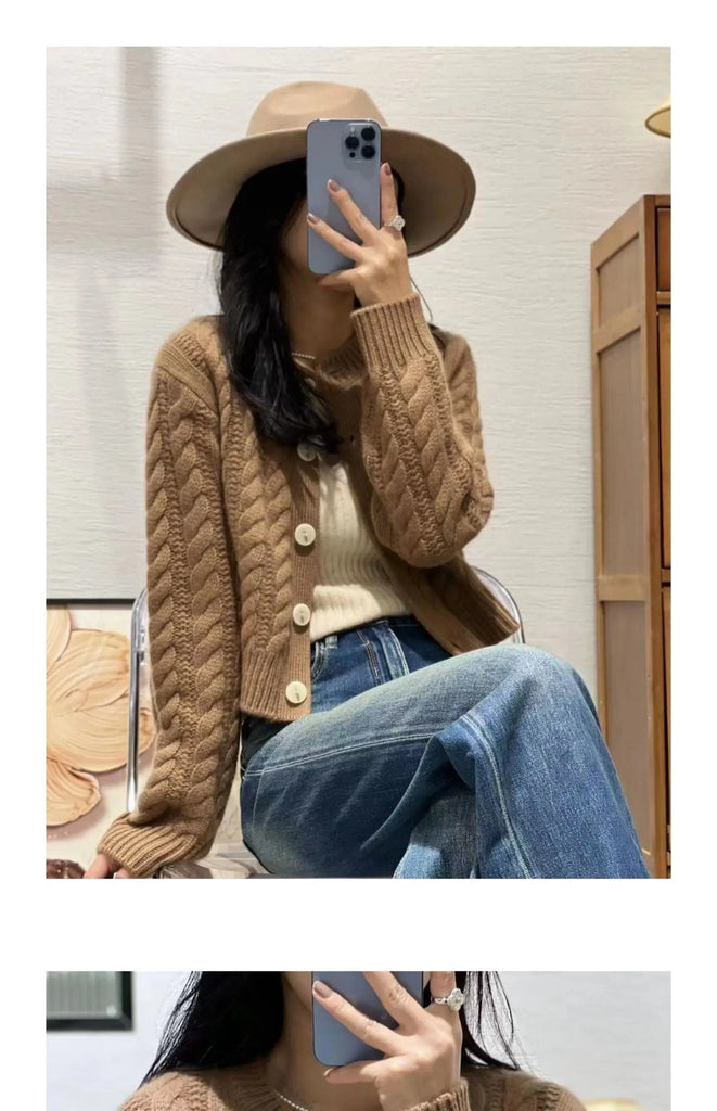 Women's Pure Cashmere Wool Sweater Round Neck Twists Short Cardigan Autumn Winter Casual Knit Top Female Thickened Warm Jacket