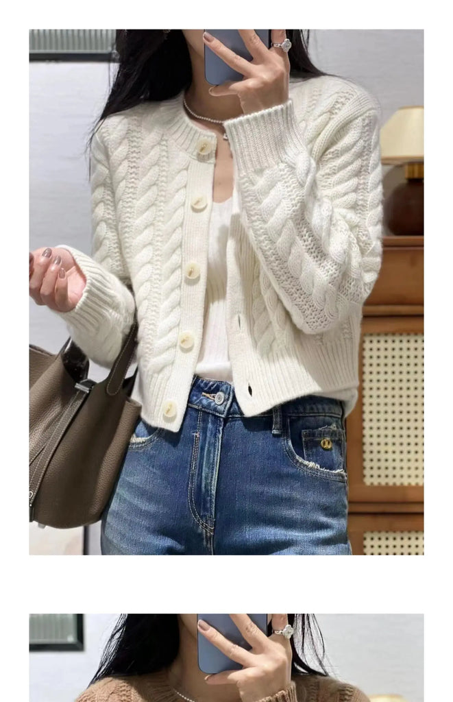 Women's Pure Cashmere Wool Sweater Round Neck Twists Short Cardigan Autumn Winter Casual Knit Top Female Thickened Warm Jacket