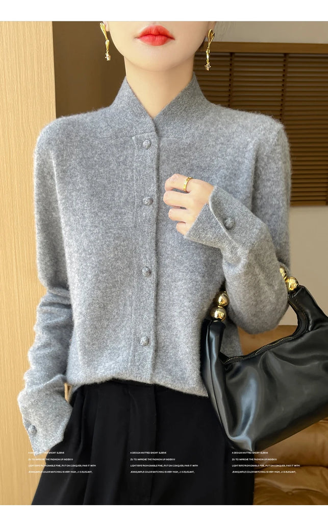 Women's Cardigan, Wool Knit Sweater, Stand Up Collar, Autumn Winter New Style, Long Sleeved Versatile, High-End Jacket, Slim Fit