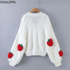 Onalippa Thick Needle Strawberry Knitted Cardigan V Neck Single Breasted Loose Cardigans Korean Long Sleeves Sweet Sweater