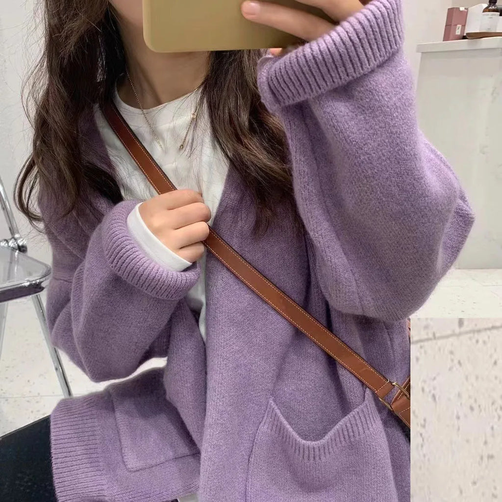 OHRYIYIE 2023 Autumn Winter New Knit Female Oversize Cardigan Women Loose Casual V Neck Knitted Sweater Coat Lady Solid Cardigan