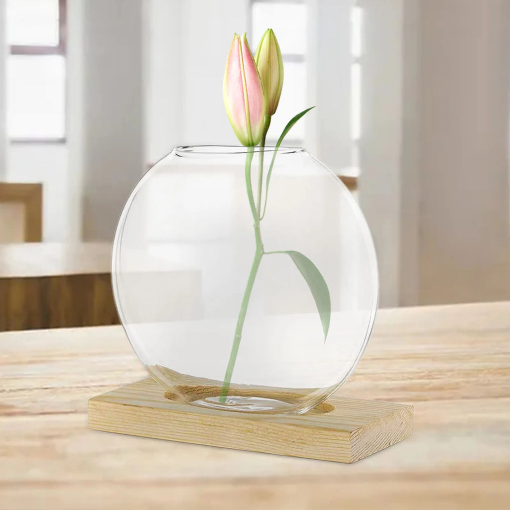 Transparent Flower Vase Plant Terrarium with Wooden Stand Tabletop Plant Pot for Home Living Room Office Garden Decoration