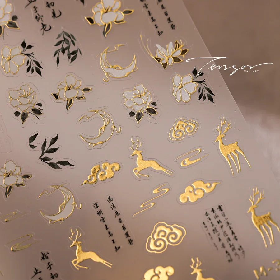 Chinese Style Gold Stamped God Deer Moon Auspicious Clouds Crane Lotus Flower 3D Self-adhesive Nail Art Stickers Manicure Decals