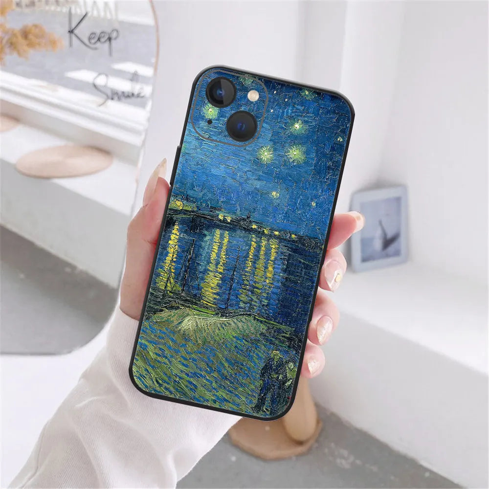 Art Van Gogh Starry Sunflower Phone Cover For iPhone 11 12 13 14 15 16 Pro Max X XR XS Max 15 16 Plus Black Soft Silicone Case