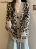 Neploe Loose Korea Leopard Commuter Lazy Jumper Single Breasted V Neck Knit Simple Cardigan Mid-length Harajuku Vintage Mujer