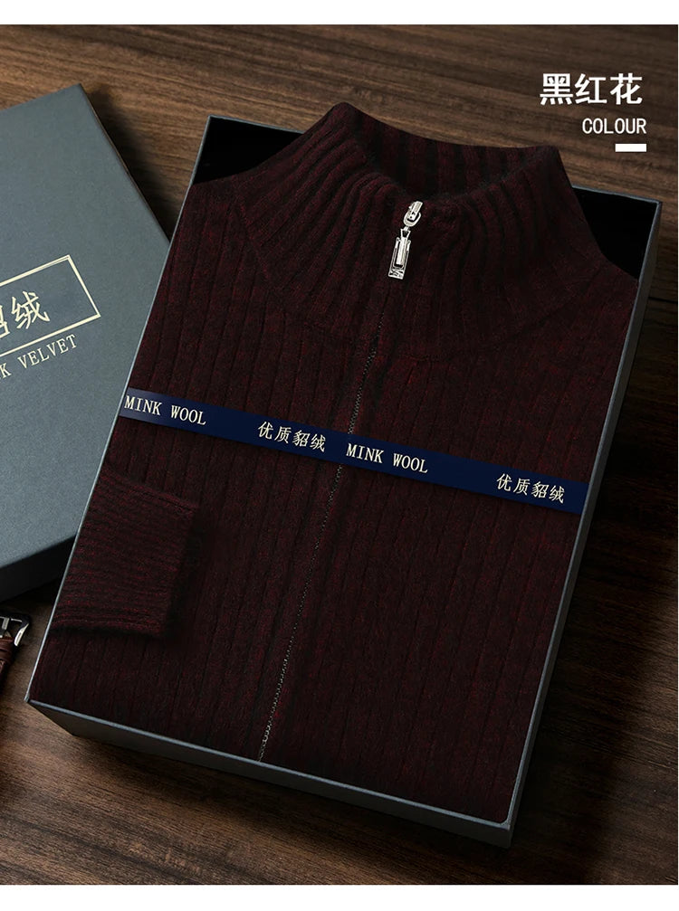 S-XXXL New Men's Knitted Cardigan 100% Mink Cashmere Sweater Business Long Sleeve Men's Half High Collar Sweater Regular style