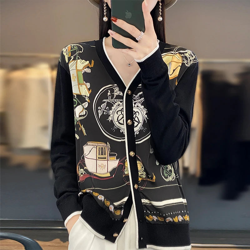 Spring Autumn Women 100% Wool Silk Stitching Sweater New V-neck  Printing Cardigan Casual Knitted Soft Jacket Slim Warm Tops