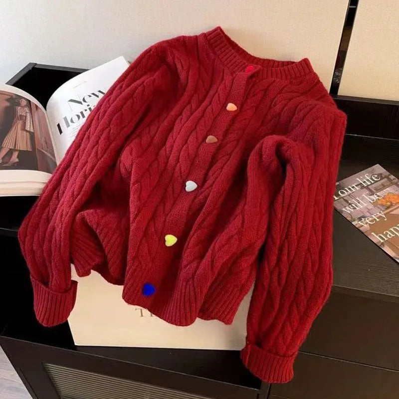 New Korean Style Western-style Sweet Color Love Button Versatile Soft Waxy Knitting Cardigan Fashion Fried Dough Twists Sweater