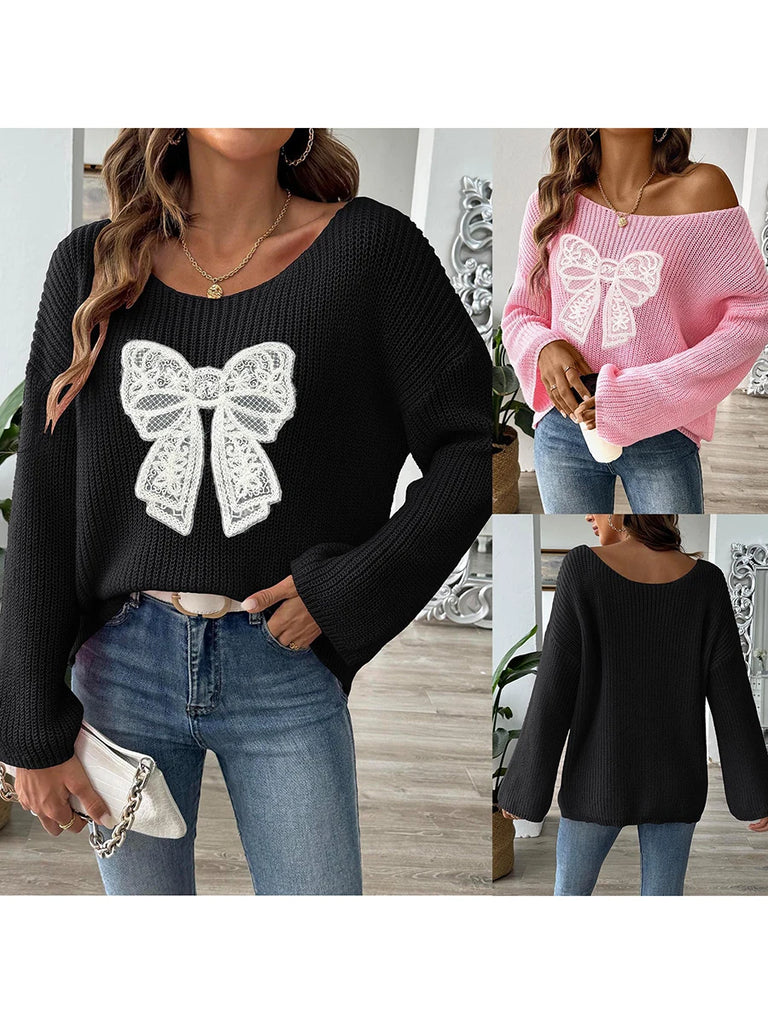 Women Autumn Knit Sweater Sweet Bowknot Patchwork Long Sleeve Crew Neck Pullover Tops Fall Winter Warm Casual Soft Cozy Knitwear