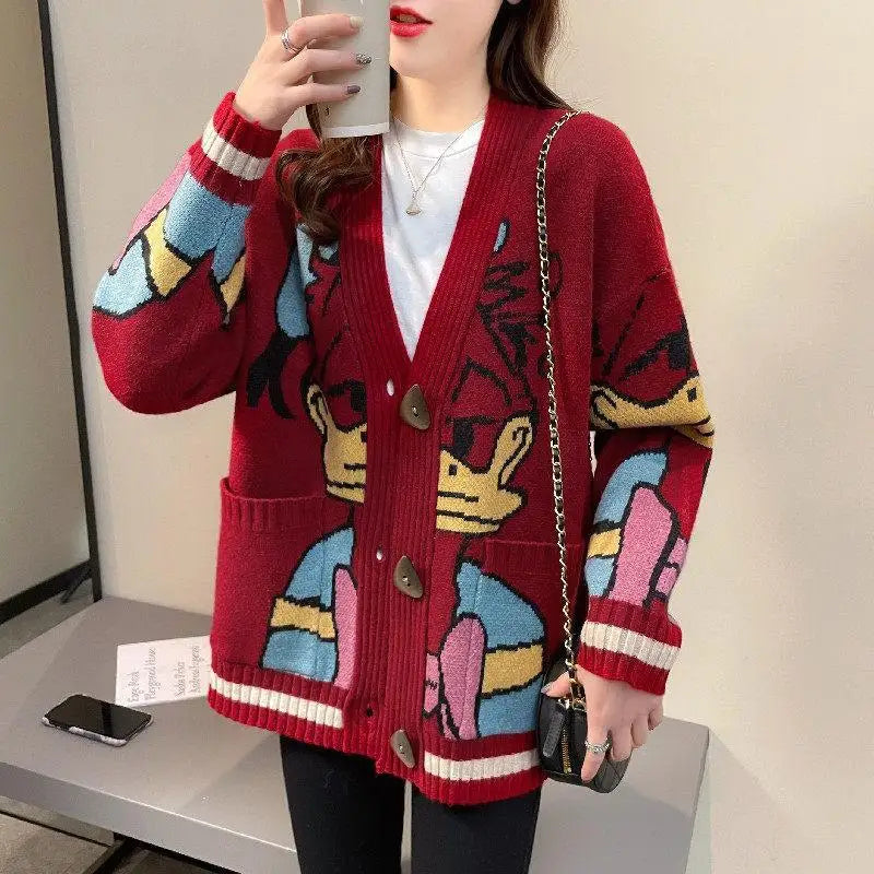 New retro jacquard cardigan sweater jacket female spring loose jacket lazy style thick knitted cardigan trend ins hot sale