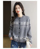 Autumn Winter Vintage Jacquard Loose Knitted Cardigan O-neck Single Breasted Contrast Sweaters Office Lady Fashion Chic Tops