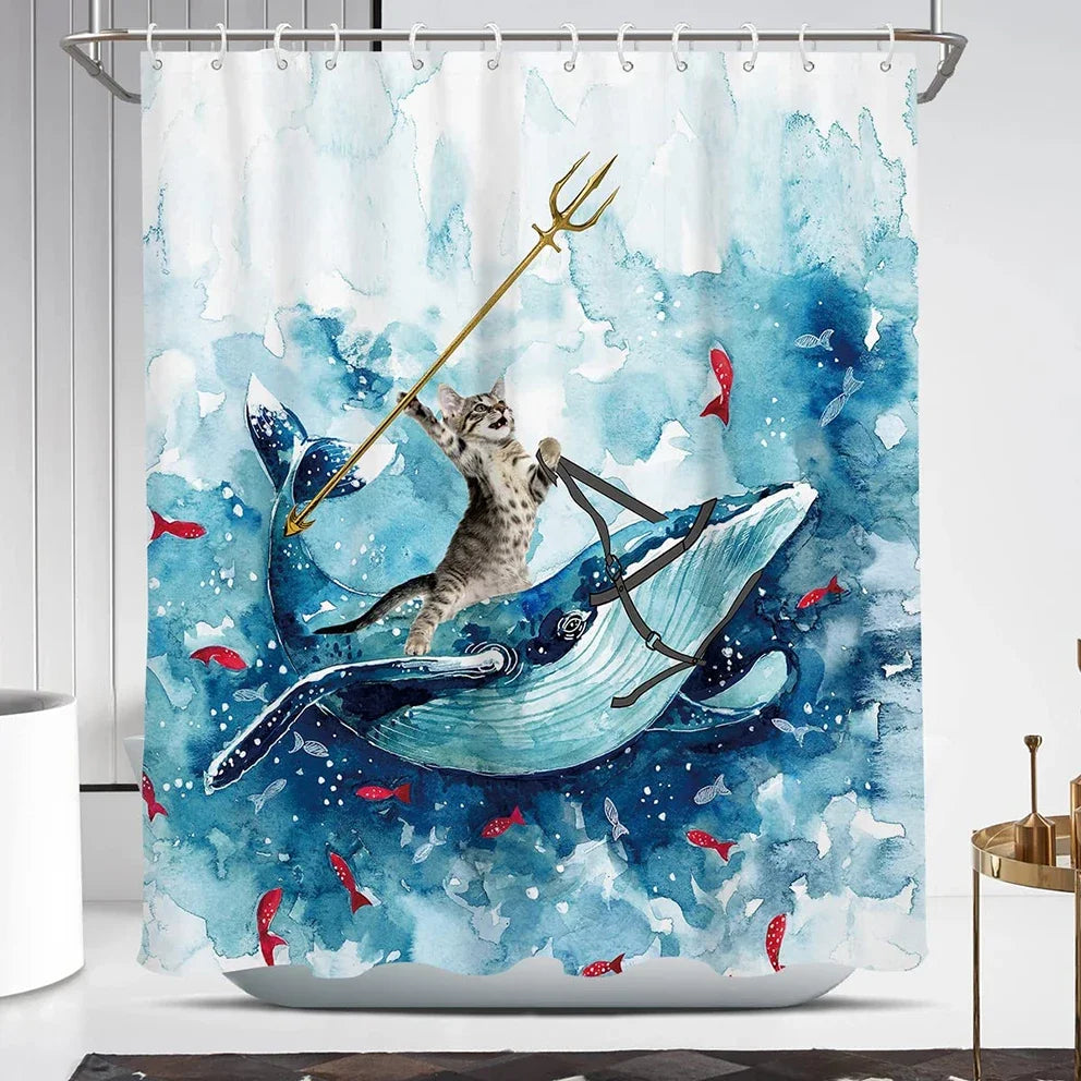 Funny Shower Curtain Brave Cat Holding Trident Arrow Riding Shark in Ocean Wave Whale Cat Shower Curtain Set Bathroom Decor Set