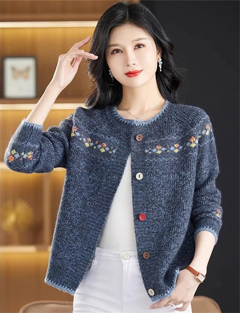 2024 New Sweater Coat Ladies Retro Jacquard Knitwear Cardigan Jacket Early Spring Autumn Western-Style Outerwear Loose Women Top