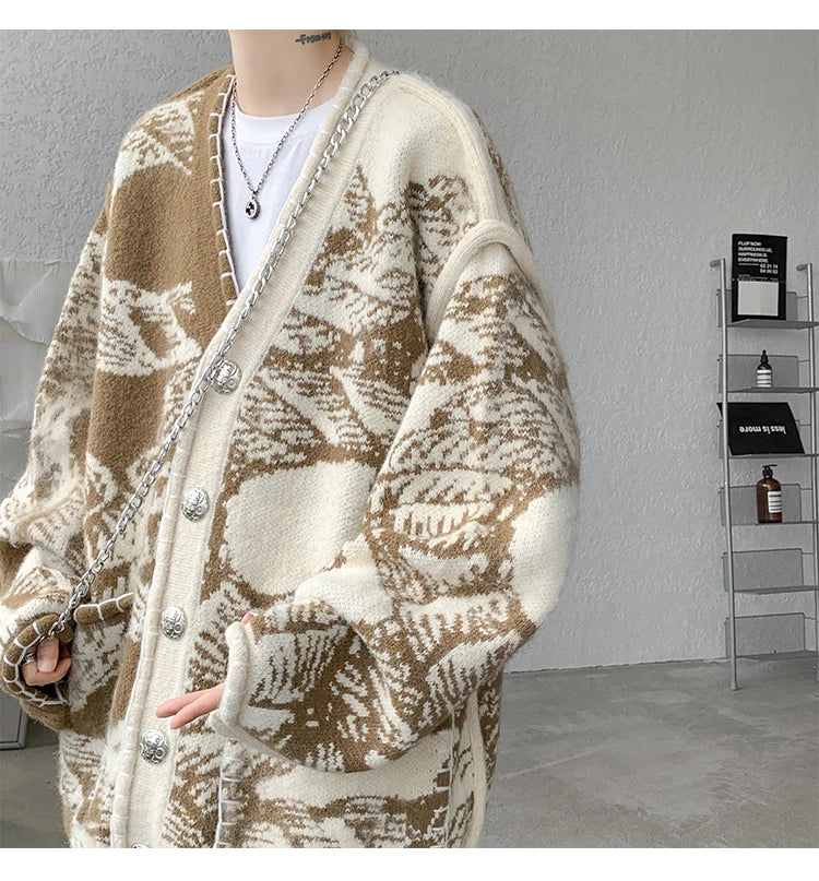 Men Fashion Printed Sweater Coat V Neck Knitted Cardigan Autumn Lazy Chic Elegant Sweater Men High Street Hip Hop Oversized 8XL