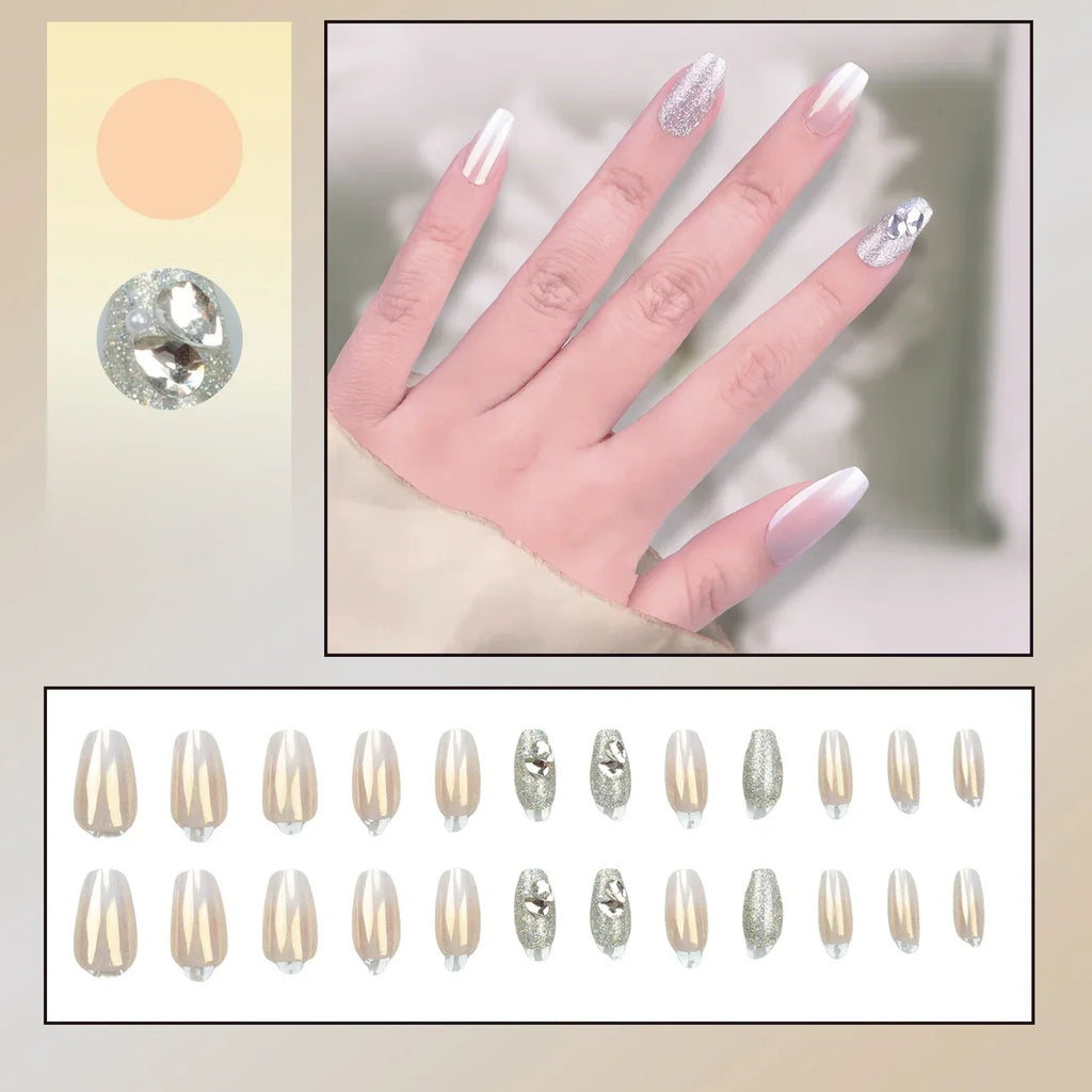 Press On Fake Nails, French Style, Full Coverage, Adhesive Backing, Artificial Nail Tip, Fashion Design, 24Pcs