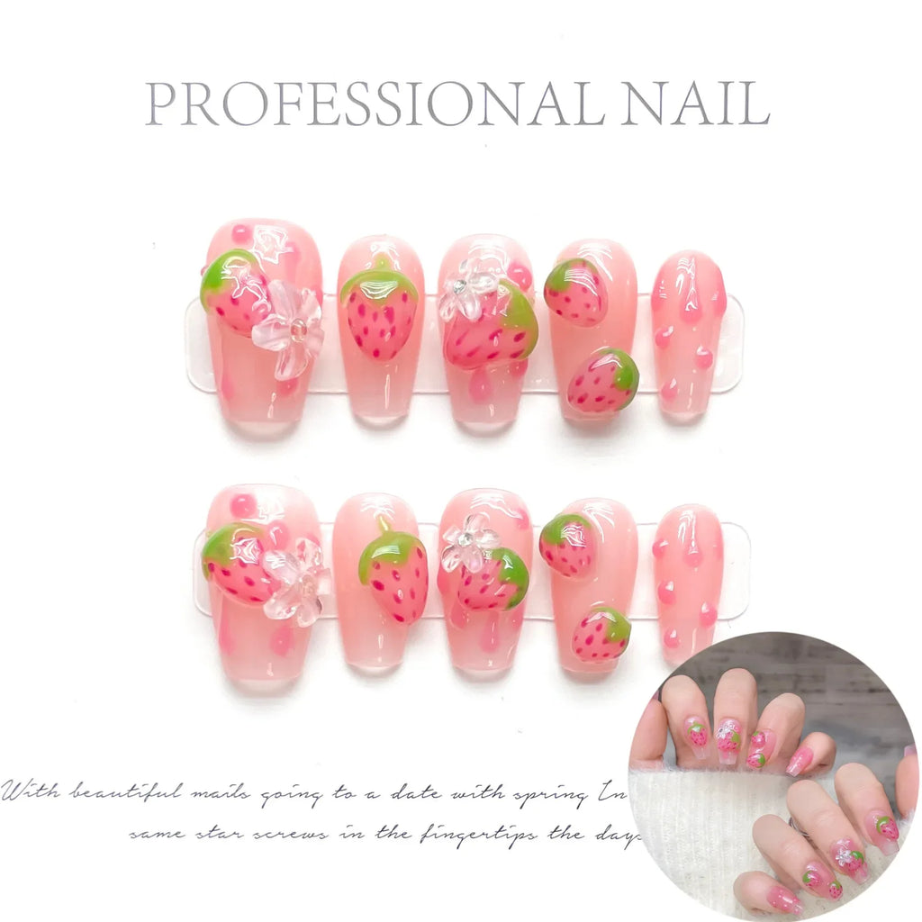 10pcs Handmade Square Press on Nails French Coffin Pink Fake Nail Strawberry Decor Sweet Style Square Artificial Nail for Women