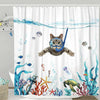 Funny Shower Curtain Brave Cat Holding Trident Arrow Riding Shark in Ocean Wave Whale Cat Shower Curtain Set Bathroom Decor Set