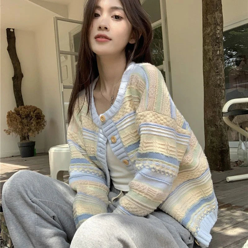 Rimocy Sweet Mixed Color Round Neck Cardiagns Women Korean Single Breasted Knitted Cardigan Woman Chic Long Sleeve Knitwear