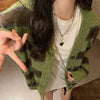 Retro V Neck Green Stripe Cardigans Women Korean Chic Single Breasted Sweater Jackets Woman Streetwear Y2K Long Sleeve Cardigan