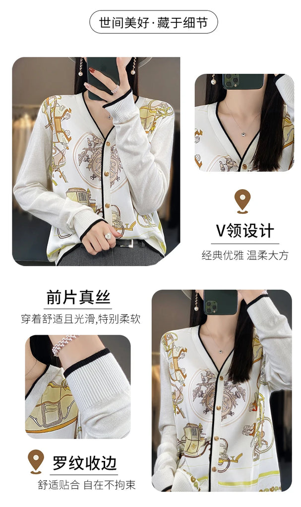 Spring And Autumn New Wool Coat Jacket Women's Long Sleeve Wide V-Neck Printed Stitching Sweater Thin Cardigan