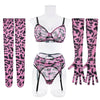 Sexy Pink Leopard Printed Bra Gloves Leg Socks Lingerie Set Women's Perspective Comfortable Mesh Exotic Apparel Underwear Suit