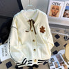 Cartoon Bear Stickers Female 2024 Autumn New Preppy Style Loose Sweet Pocket Knitted Long-sleeved Sweater Cardigan Top