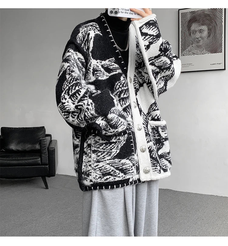 Men Fashion Printed Sweater Coat V Neck Knitted Cardigan Autumn Lazy Chic Elegant Sweater Men High Street Hip Hop Oversized 8XL