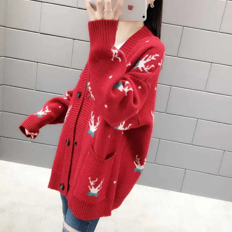 Spring Autumn Winter Oversized Sweater Coat Women Clothes Loose Mid Length Top Printing Knitting Cardigan Warm Top Tee Women's