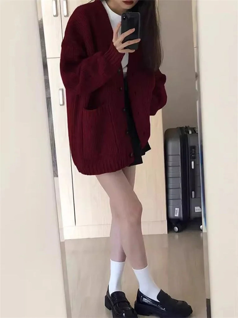 Korean Fashion Female Red Lazy Wind Loose Fitting V-neck Cardigan Knitting Sweater Women New Korean Cardigans Knitwear Tops Coat